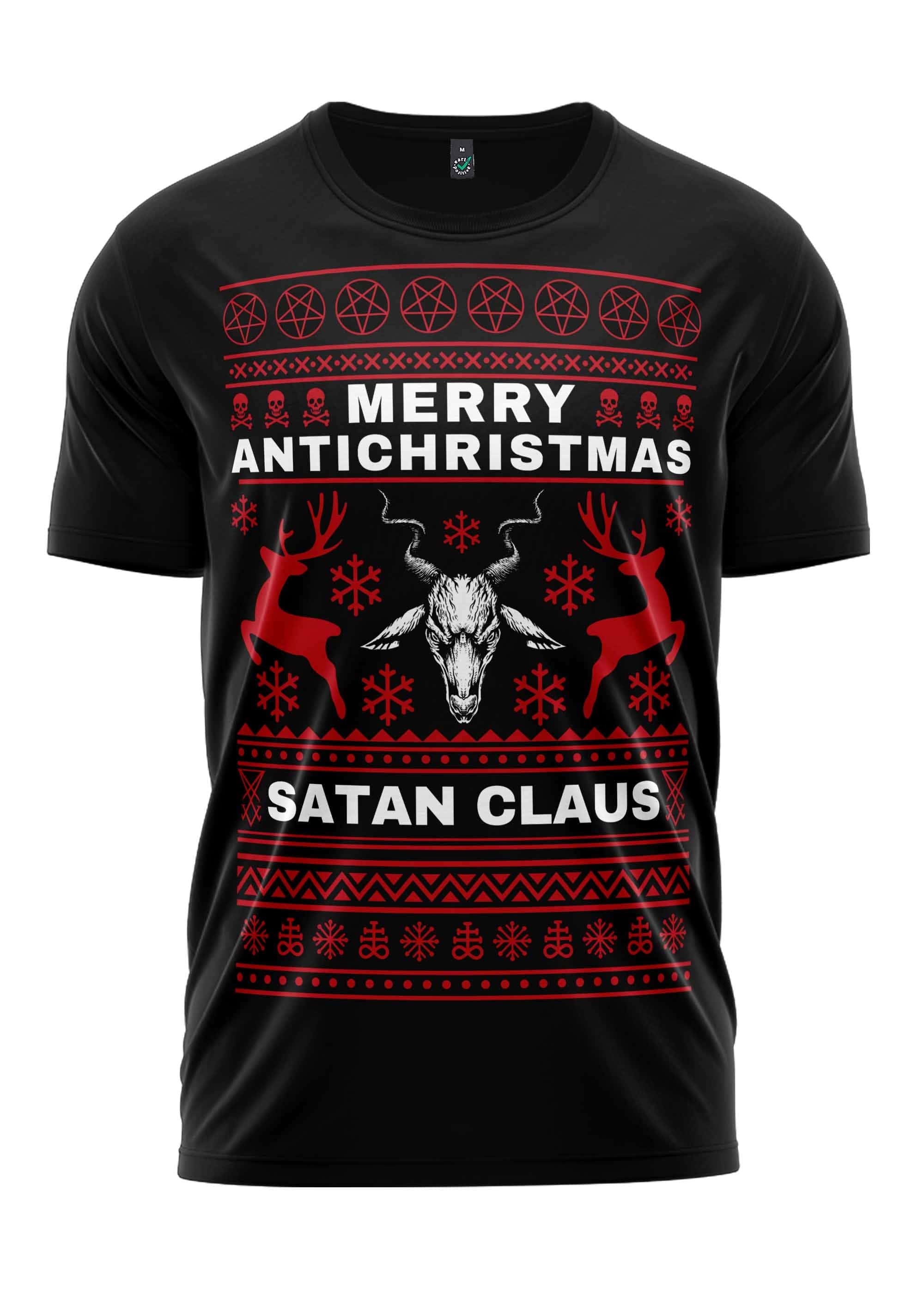 Schwarzes T-Shirt mit rot-weißem Design, das einen Bullenschädel, Geweihe, Pentagramme, Rentier, Schneeflocken, ’frohe anti-christmas’ und ’satan claus’ Text zeigt.